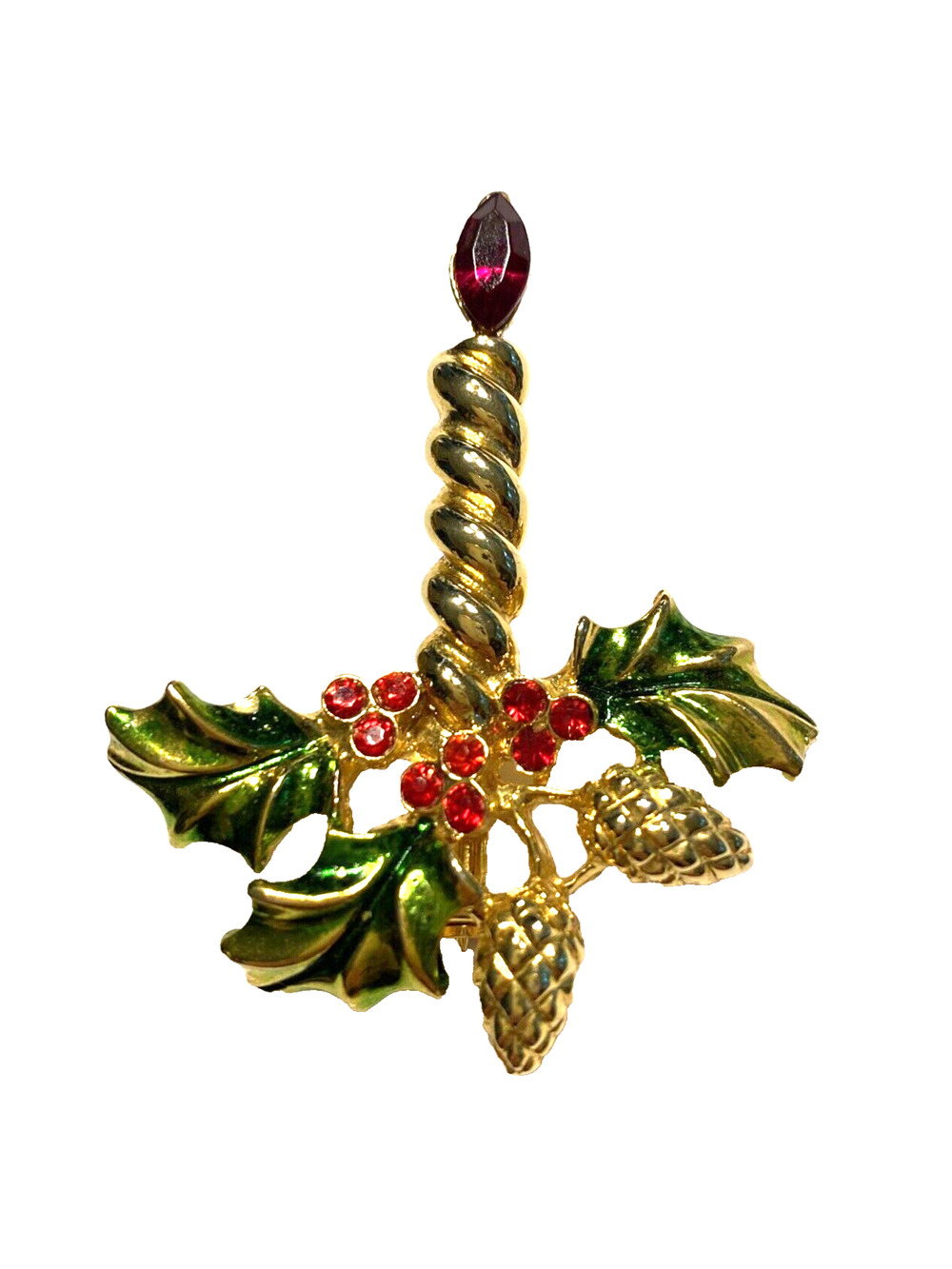 Vintage Christmas Brooch Gold Candle Red Rhinestones & Greenery Festive Pin